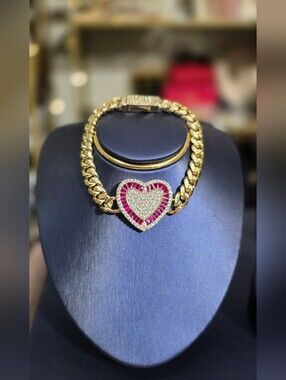Gold Plated Heart Pavé Bracelet with Pink Heart Matching Earrings .